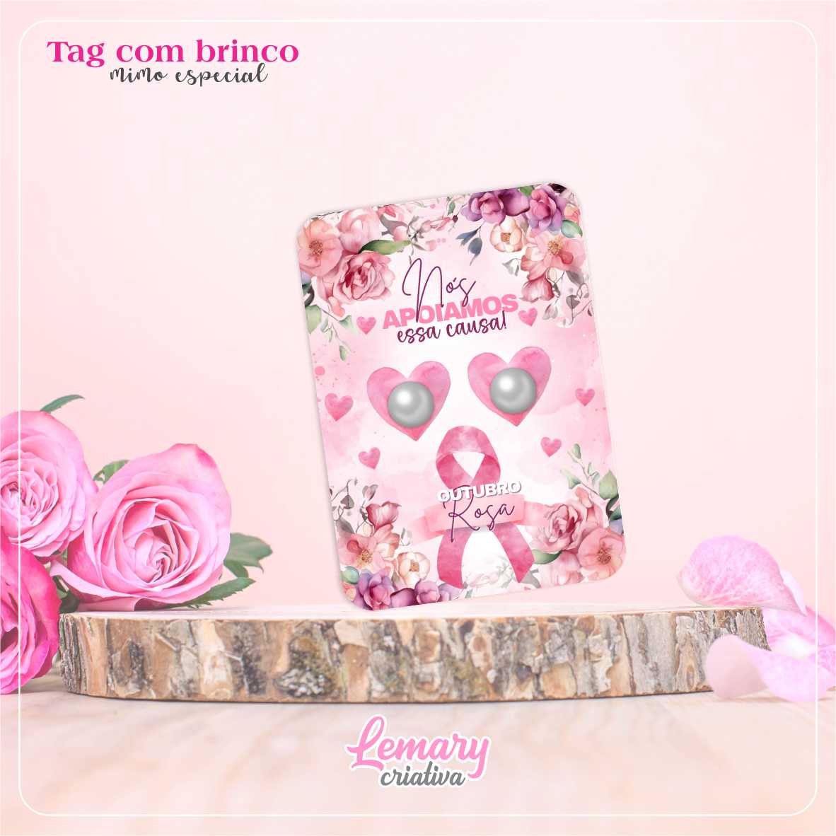 Tag com Brinco Pérola Outubro Rosa Mod. 0002C (15 unidades)