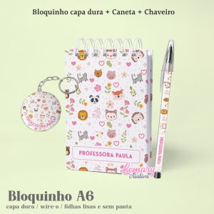 Kit Bloco Animais cute 10x15cm com Chaveiro e Caneta Mod.0001