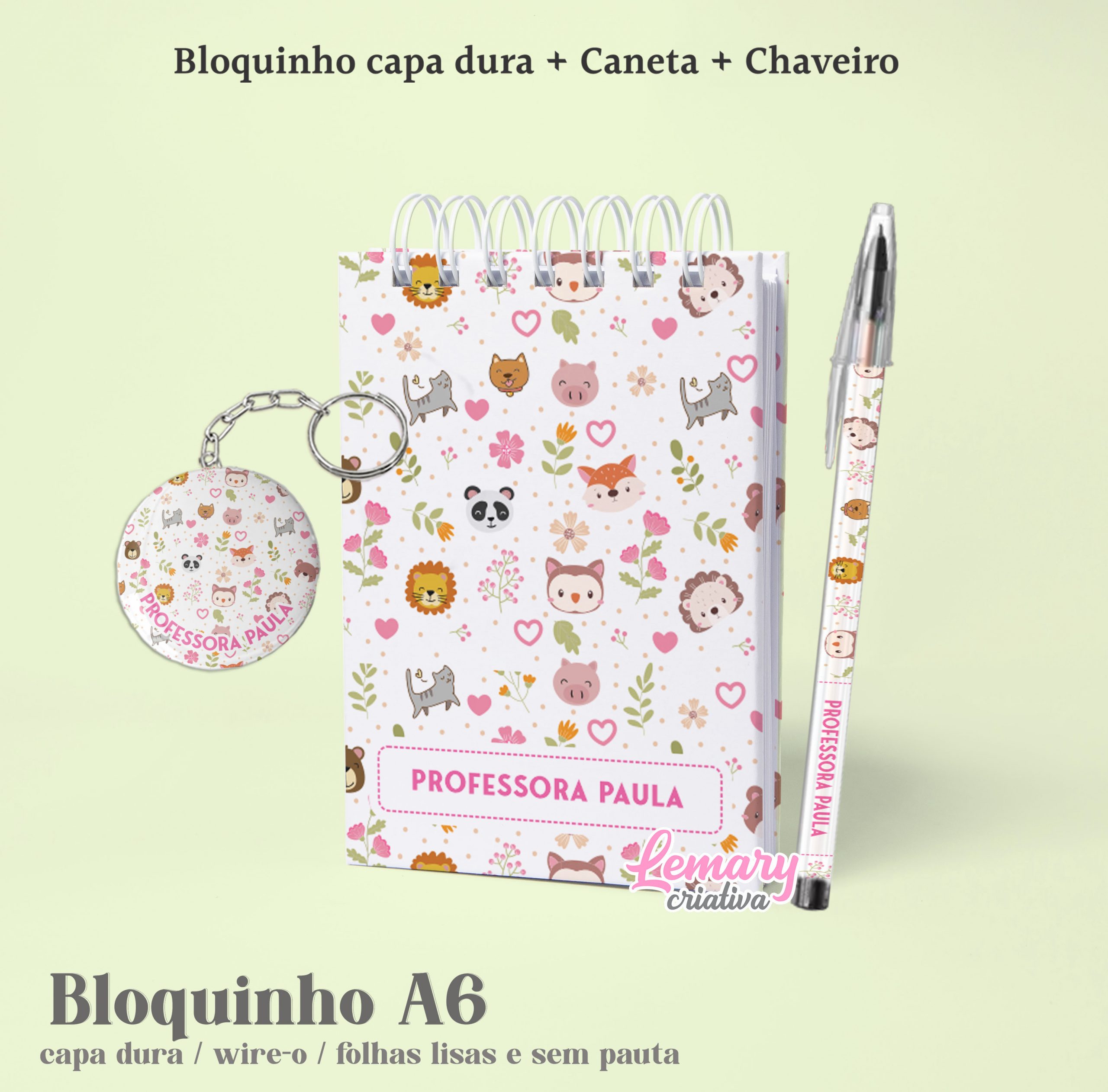 Kit Bloco Animais cute 10x15cm com Chaveiro e Caneta Mod.0001