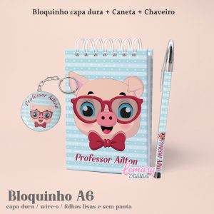 Kit Bloco Porquinho 10x15cm com Chaveiro e Caneta Mod.0001