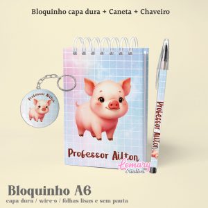 Kit Bloco Porquinho 10x15cm com Chaveiro e Caneta Mod.0002