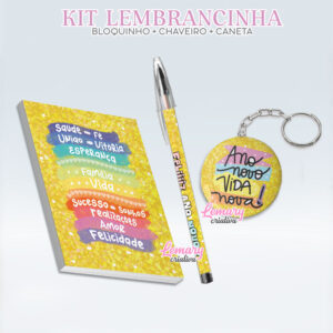 Bloquinho com Chaveiro e Caneta Ano Novo Mod.0004 (12 Kits)