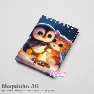 Bloco Amizade entre o Pinguim e um Gatinho capa dura 10x15cm Mod.0003