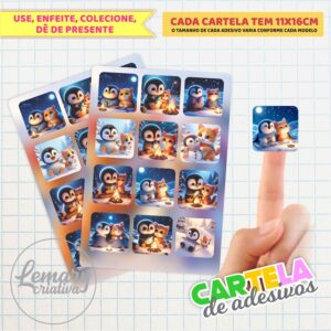 Cartelas de Adesivos Papelaria Amizade entre um pinguim e um gatinho Mod.0001 (2 cartelas)