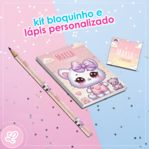 Lápis bloquinho e tag Gatinha branca com laço MOD.001 / 10 KITS