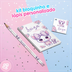Lápis bloquinho e tag Gatinha branca com laço MOD.002 / 10 KITS