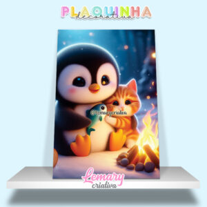 Plaquinha Decorativa MDF 19x28cm Amizade de um pinguim com um gatinho MOD.00001