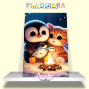 Plaquinha Decorativa MDF 19x28cm Amizade de um pinguim com um gatinho MOD.00002