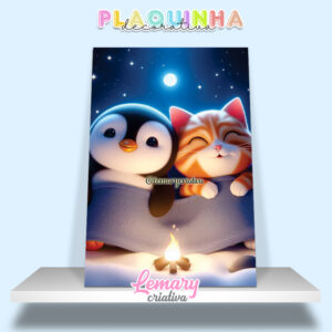 Plaquinha Decorativa MDF 19x28cm Amizade de um pinguim com um gatinho MOD.00003