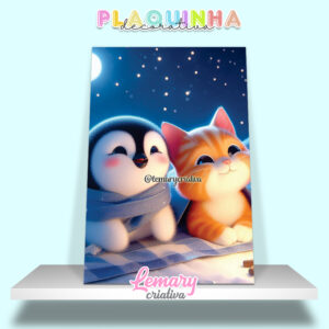 Plaquinha Decorativa MDF 19x28cm Amizade de um pinguim com um gatinho MOD.00005