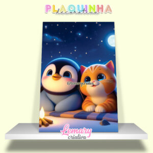 Plaquinha Decorativa MDF 19x28cm Amizade de um pinguim com um gatinho MOD.00006