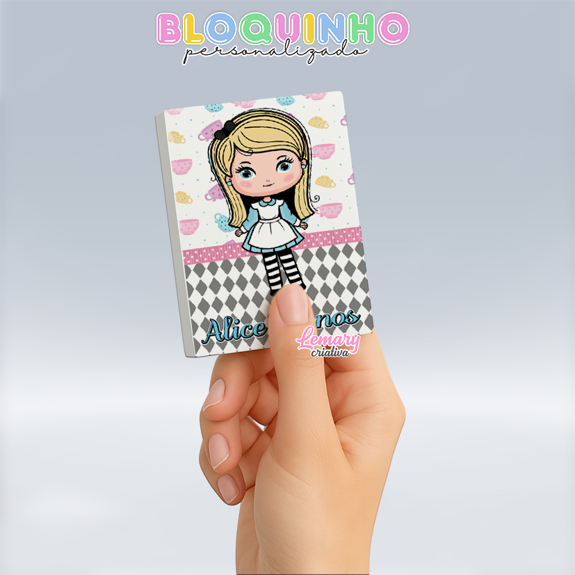 Bloquinho personalizado Alice 100fls 7x10cm Mod.002 (12 unidades)