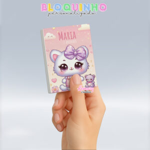 Bloquinho personalizado Gatinha branca com laço 100fls 7x10cm Mod.001 (12 unidades)